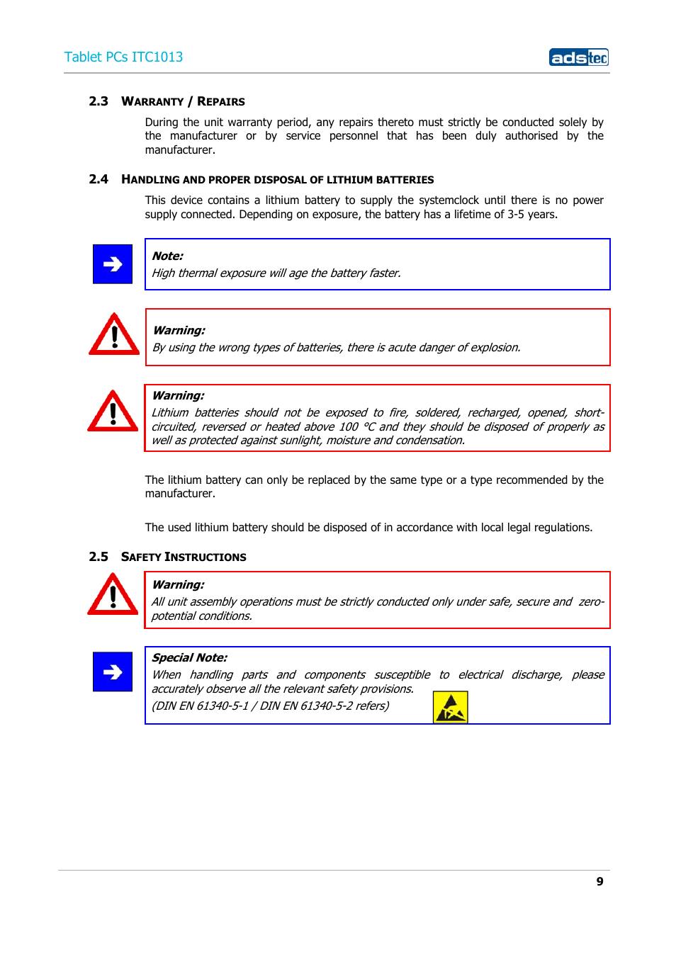 3 warranty / repairs, 5 safety instructions, Tablet pcs itc1013 | ADS-TEC ITC1013 User Manual | Page 9 / 69