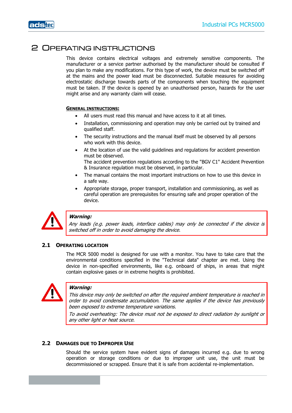 2 operating instructions, 1 operating location, 2 damages due to improper use | Perating instructions | ADS-TEC MCR5000 User Manual | Page 10 / 40