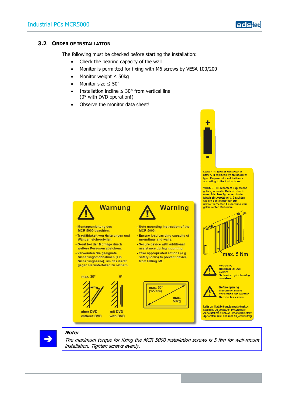 2 order of installation, Industrial pcs mcr5000 | ADS-TEC MCR5000 User Manual | Page 13 / 40