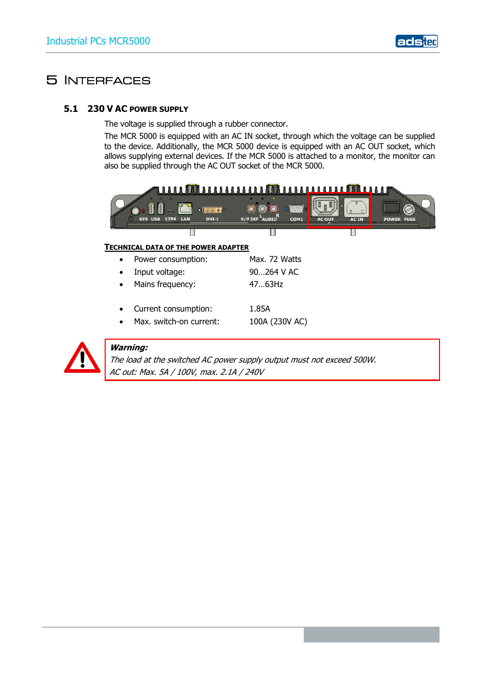 5 interfaces, 1 230 v ac power supply, Nterfaces | ADS-TEC MCR5000 User Manual | Page 25 / 40