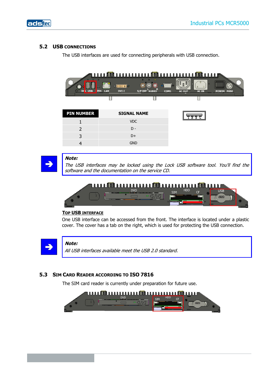 2 usb connections, 3 sim card reader according to iso 7816, Industrial pcs mcr5000 | ADS-TEC MCR5000 User Manual | Page 26 / 40