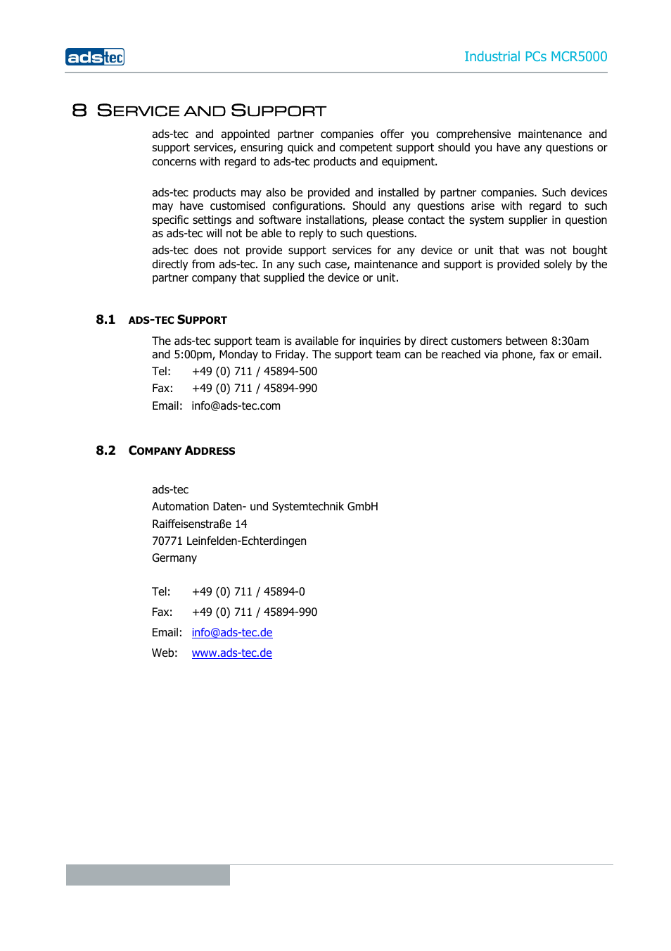 8 service and support, 1 ads-tec support, 2 company address | Ervice and, Upport | ADS-TEC MCR5000 User Manual | Page 34 / 40