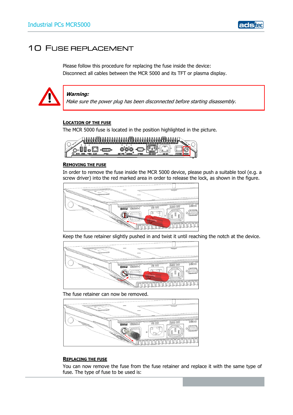 10 fuse replacement, 10 f, Use replacement | ADS-TEC MCR5000 User Manual | Page 39 / 40