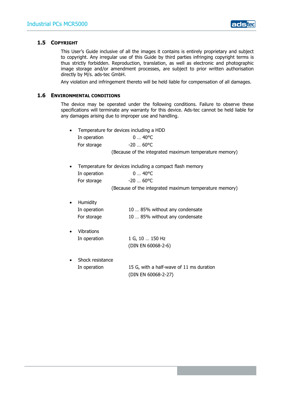 5 copyright, 6 environmental conditions, Industrial pcs mcr5000 | ADS-TEC MCR5000 User Manual | Page 7 / 40