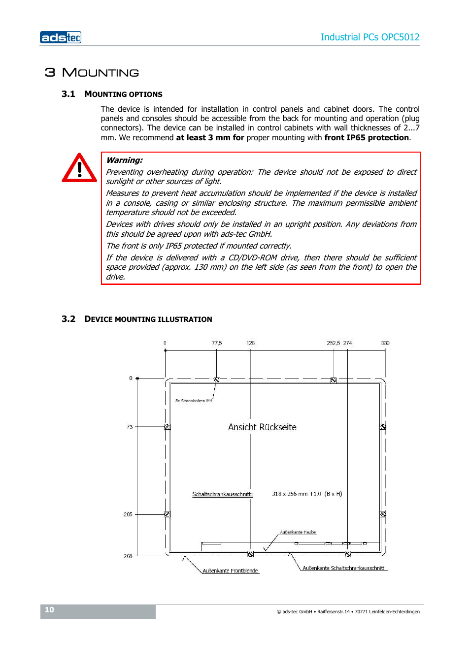 3 mounting, 1 mounting options, 2 device mounting illustration | ADS-TEC OPC5012 User Manual | Page 10 / 25