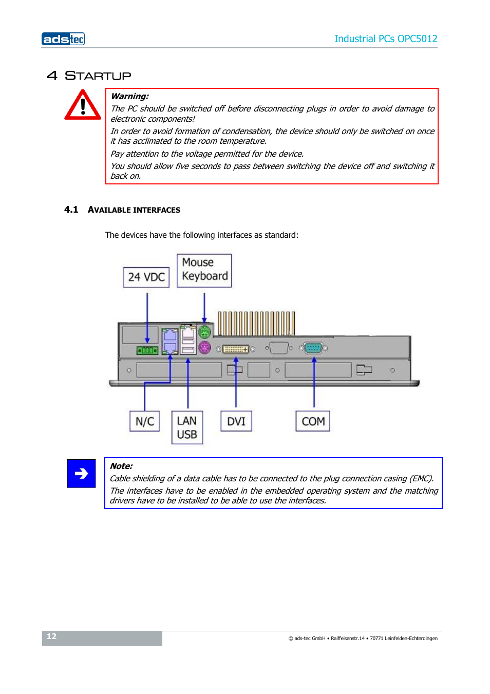 4 startup, 1 available interfaces | ADS-TEC OPC5012 User Manual | Page 12 / 25