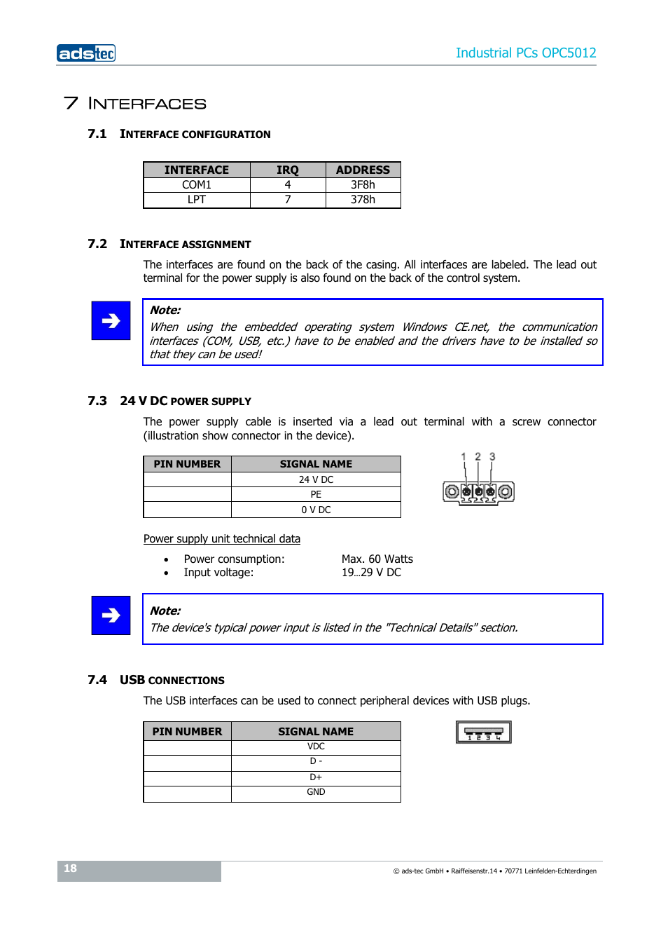 7 interfaces, 1 interface configuration, 2 interface assignment | 3 24 v dc power supply, 4 usb connections, Nterfaces, Indu, Strial pcs opc5012 | ADS-TEC OPC5012 User Manual | Page 18 / 25