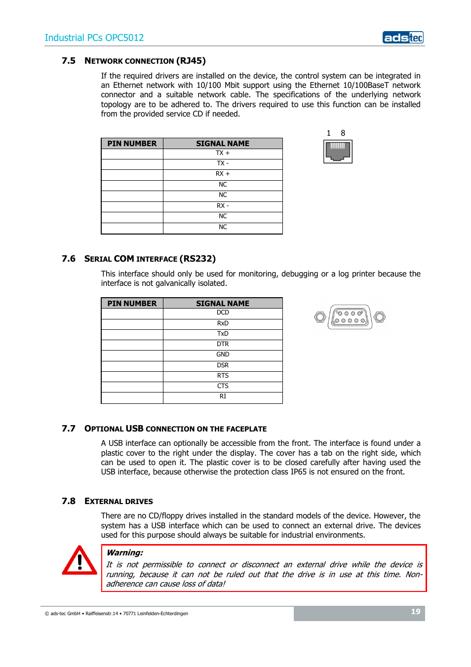 5 network connection (rj45), 6 serial com interface (rs232), 7 optional usb connection on the faceplate | 8 external drives, Industrial pcs opc5012 | ADS-TEC OPC5012 User Manual | Page 19 / 25