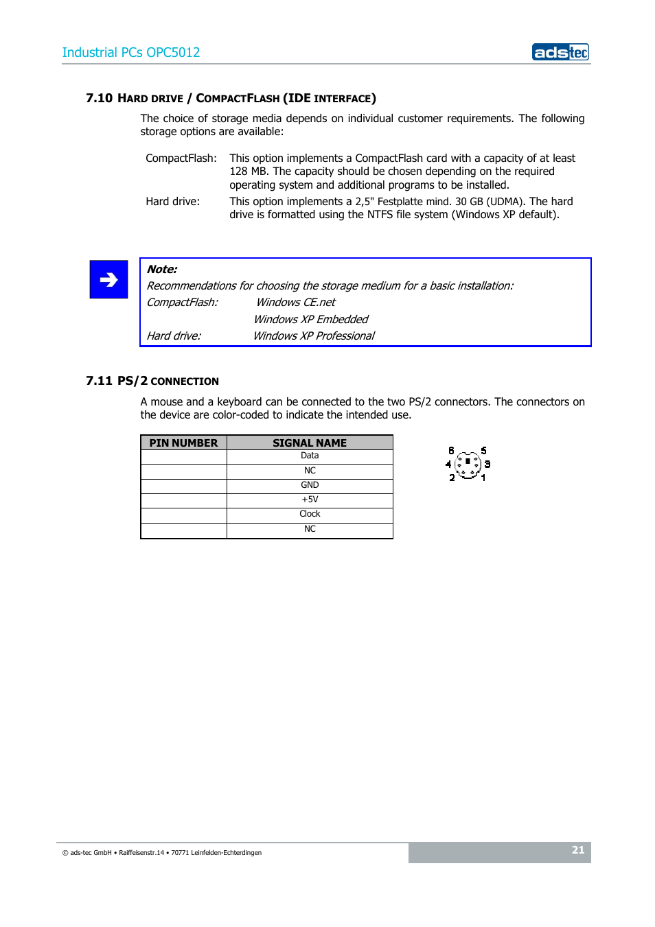 10 hard drive / compactflash (ide interface), 11 ps/2 connection, Industrial pcs opc5012 | ADS-TEC OPC5012 User Manual | Page 21 / 25