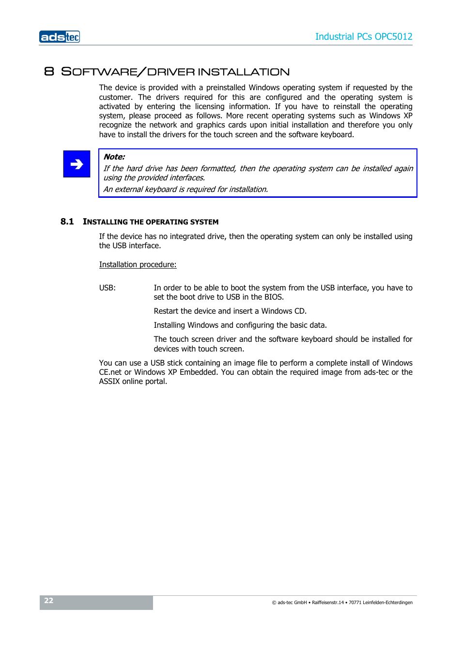 8 software/driver installation, 1 installing the operating system | ADS-TEC OPC5012 User Manual | Page 22 / 25