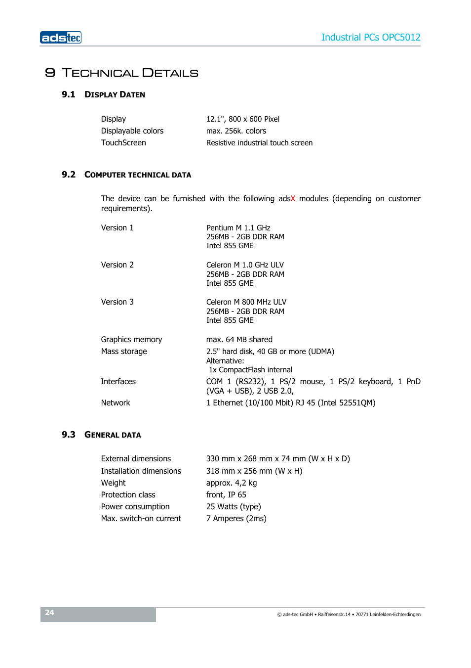 9 technical details, 1 display daten, 2 computer technical data | 3 general data, Echnical, Etails | ADS-TEC OPC5012 User Manual | Page 24 / 25