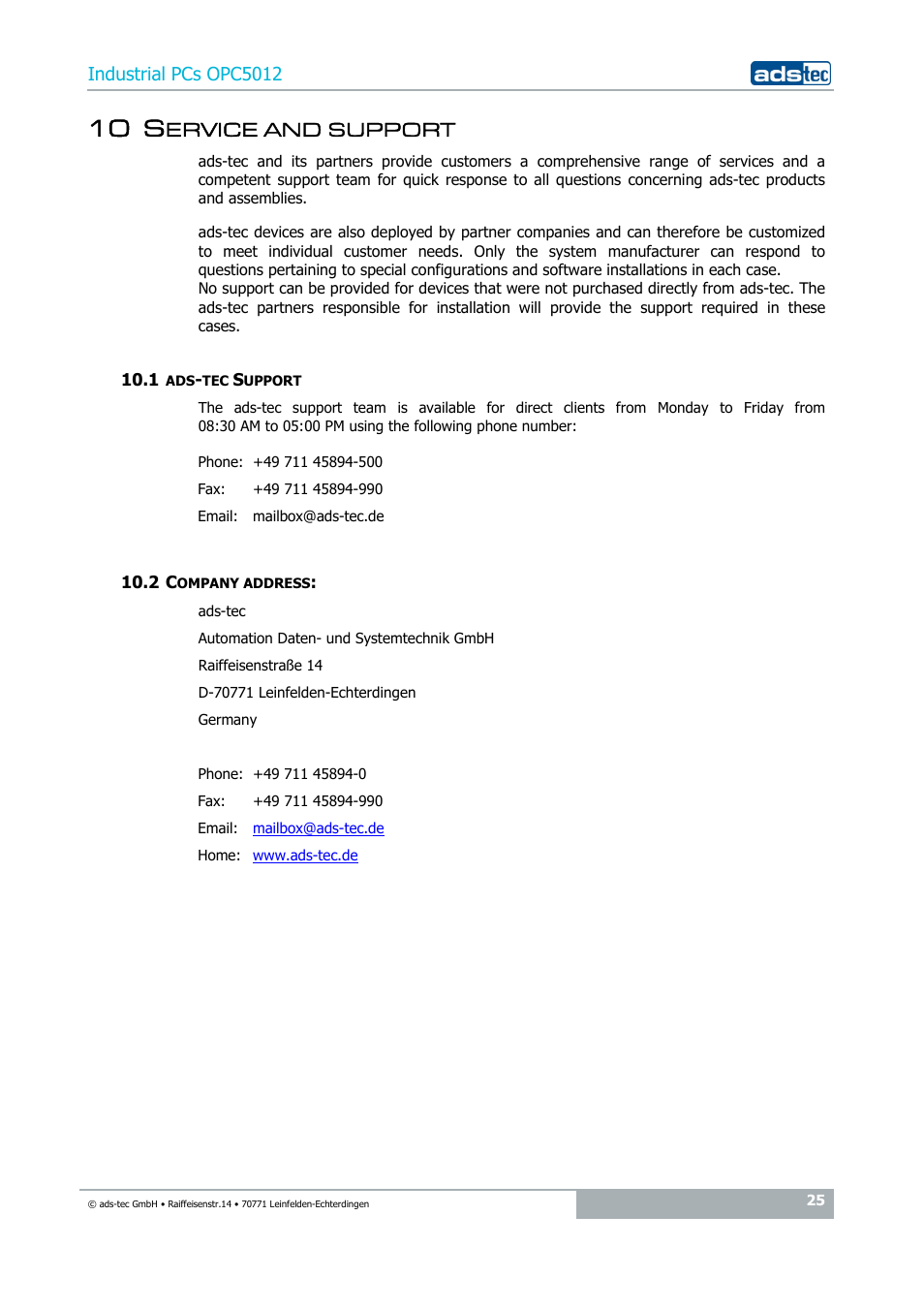 10 service and support, 1 ads-tec support, 2 company address | 10 s, Ervice and support | ADS-TEC OPC5012 User Manual | Page 25 / 25