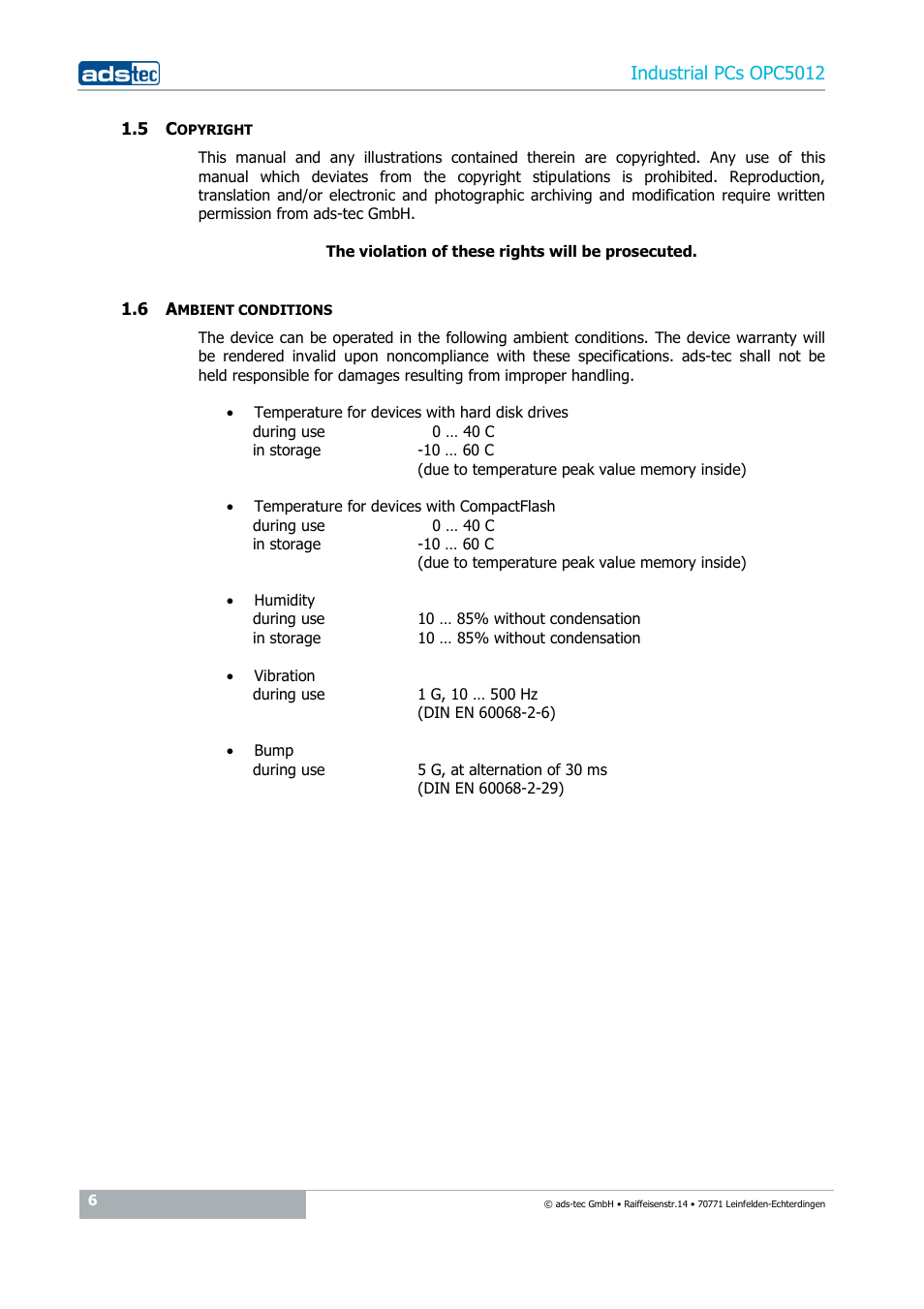 5 copyright, 6 ambient conditions, Industrial pcs opc5012 | ADS-TEC OPC5012 User Manual | Page 6 / 25