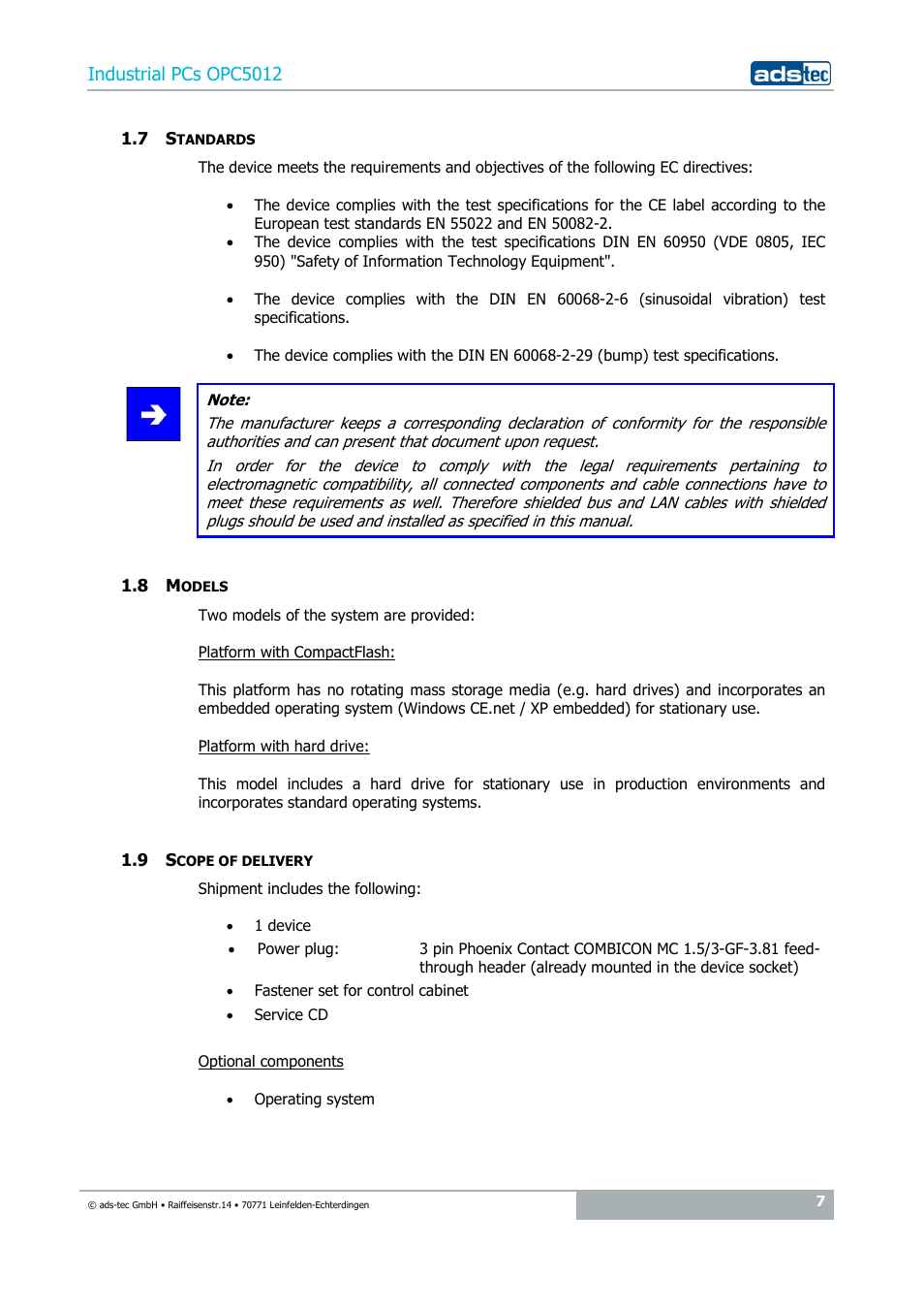 7 standards, 8 models, 9 scope of delivery | Industrial pcs opc5012 | ADS-TEC OPC5012 User Manual | Page 7 / 25
