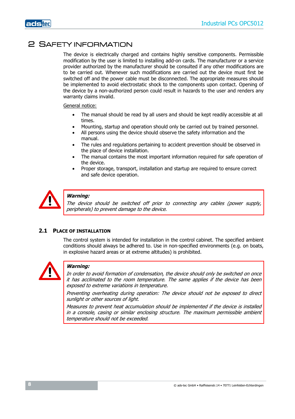 2 safety information, 1 place of installation, Afety information | ADS-TEC OPC5012 User Manual | Page 8 / 25