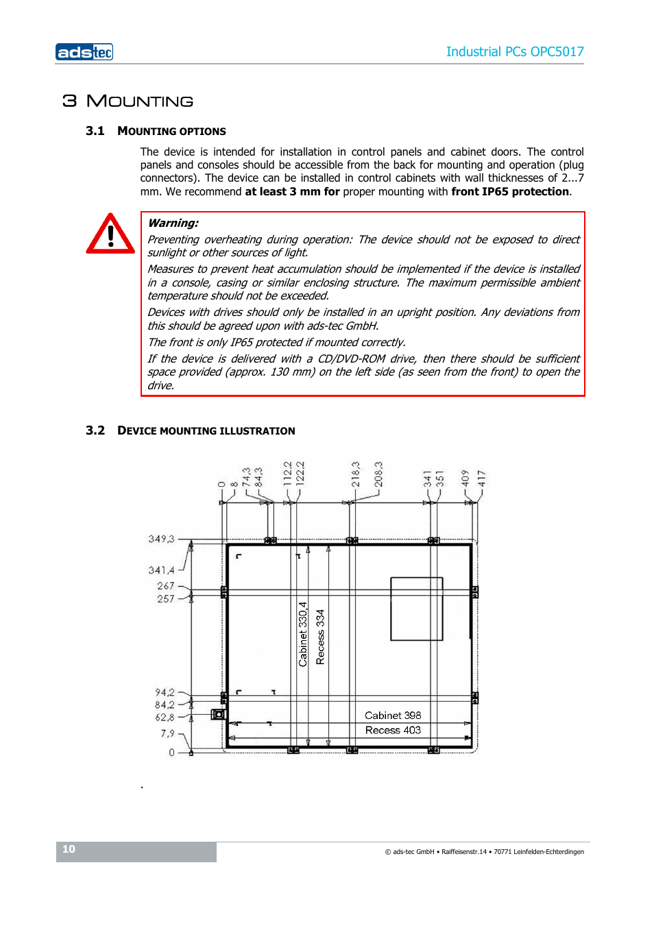 3 mounting, 1 mounting options, 2 device mounting illustration | ADS-TEC OPC5017 User Manual | Page 10 / 26
