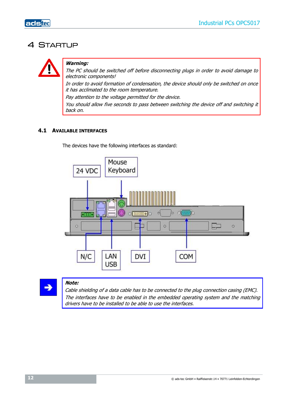 4 startup, 1 available interfaces | ADS-TEC OPC5017 User Manual | Page 12 / 26