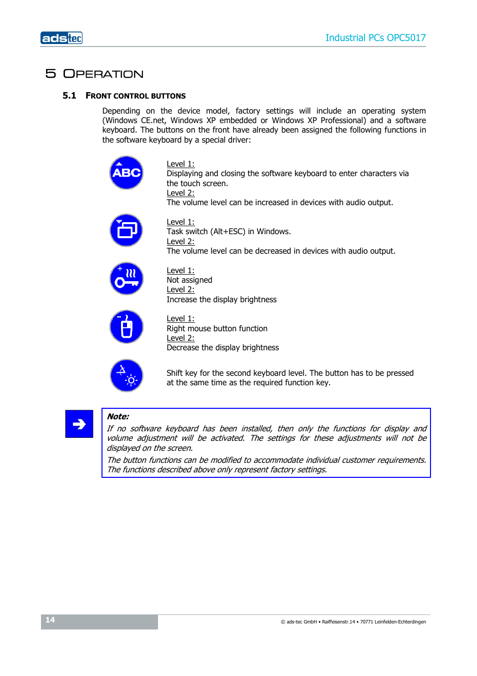 5 operation, 1 front control buttons, Peration | ADS-TEC OPC5017 User Manual | Page 14 / 26