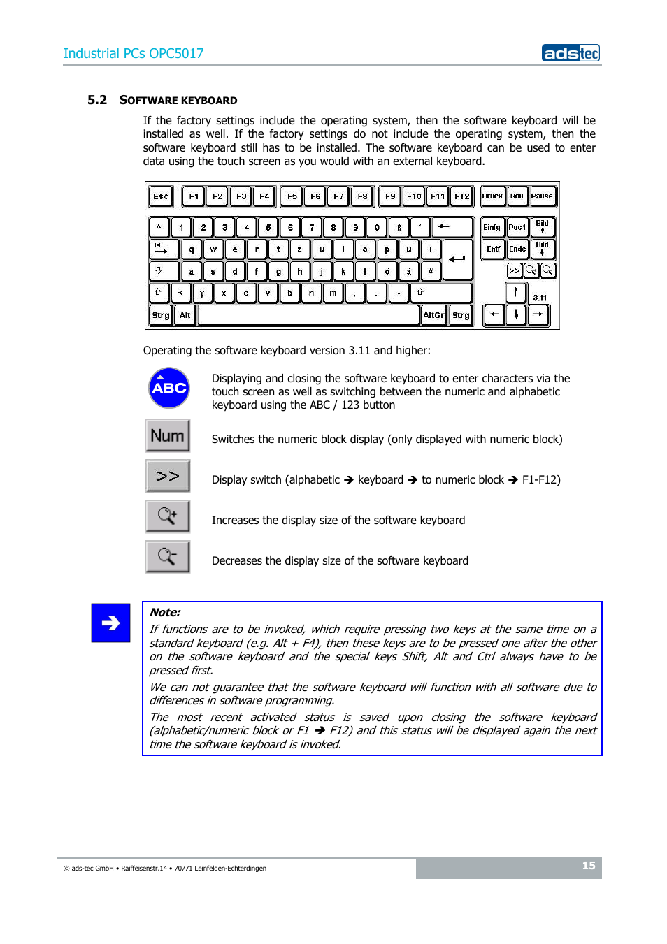 2 software keyboard, Industrial pcs opc5017 | ADS-TEC OPC5017 User Manual | Page 15 / 26