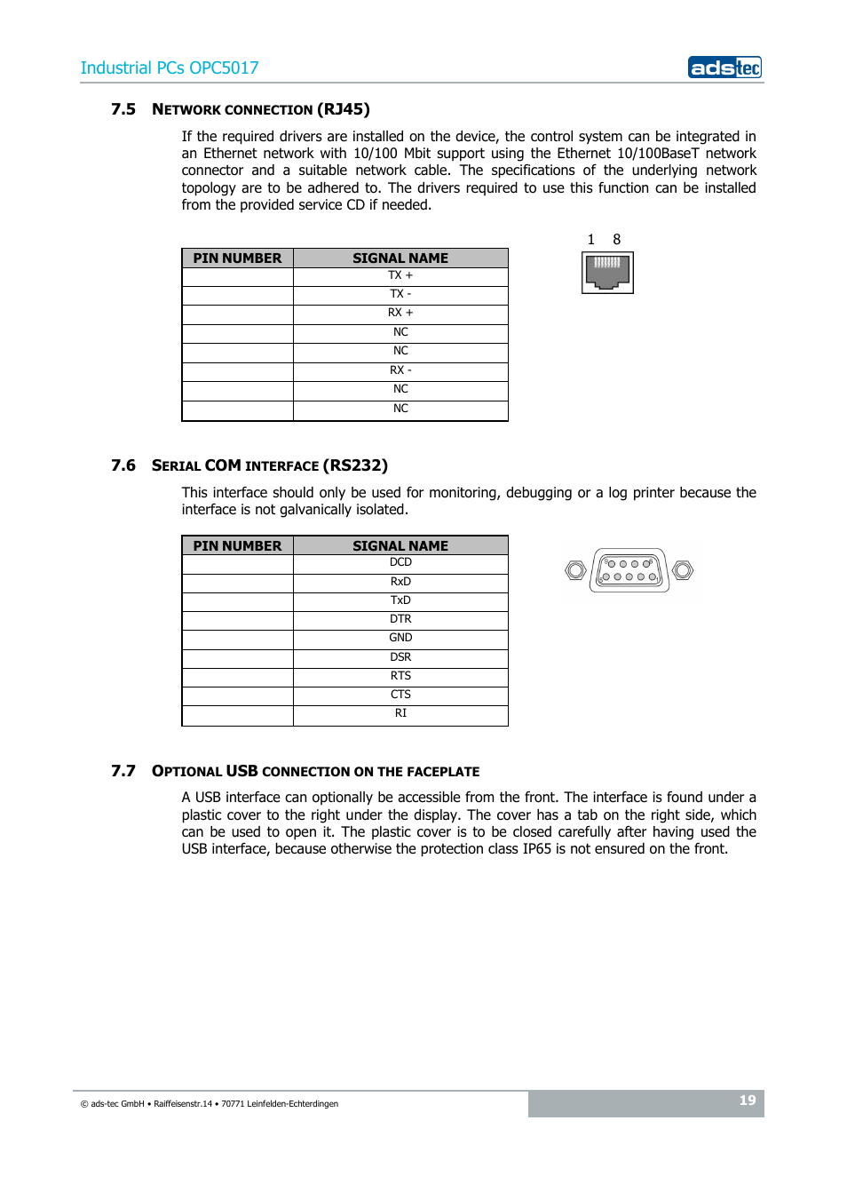 5 network connection (rj45), 6 serial com interface (rs232), 7 optional usb connection on the faceplate | Industrial pcs opc5017 | ADS-TEC OPC5017 User Manual | Page 19 / 26
