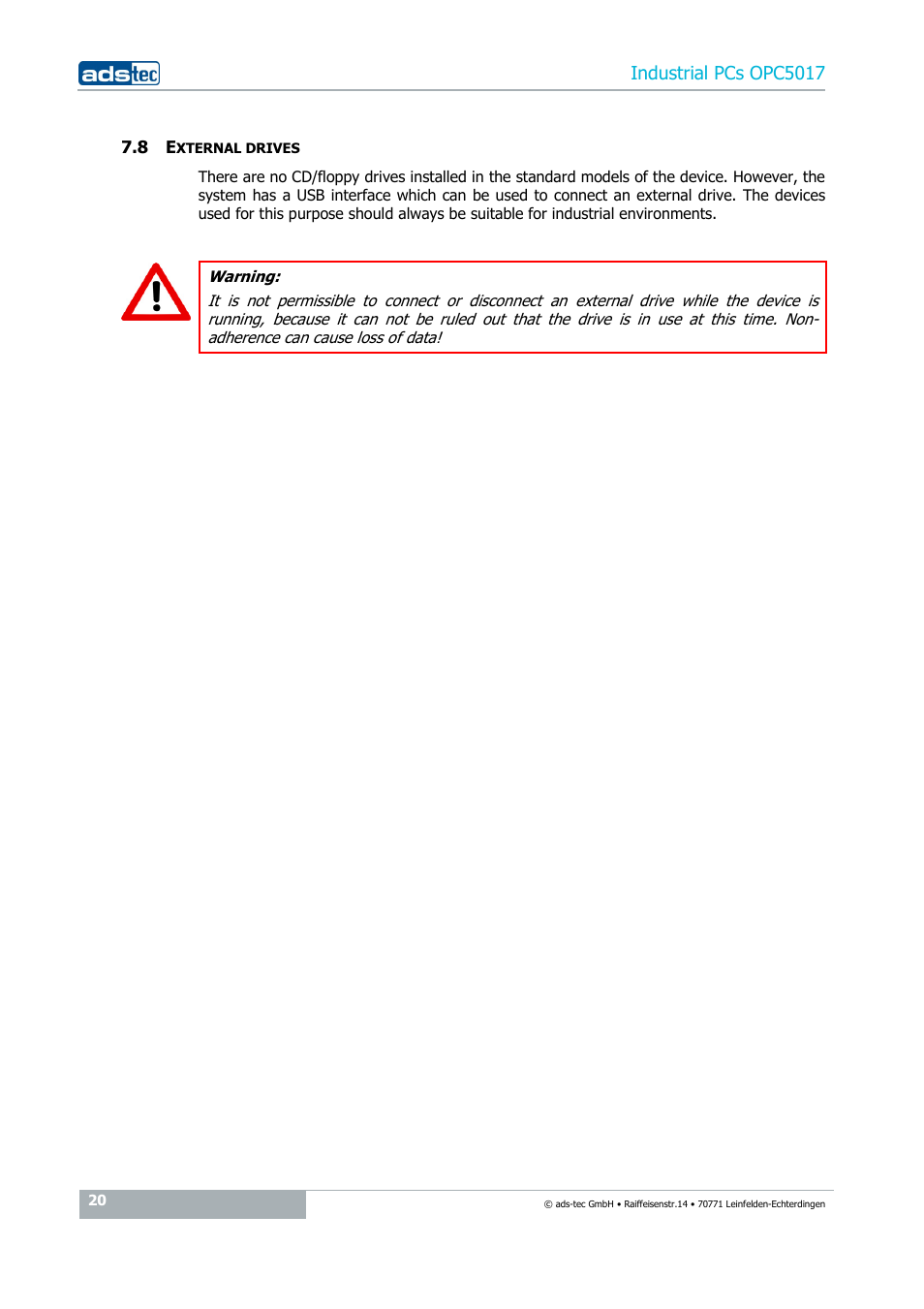 8 external drives, Industrial pcs opc5017 | ADS-TEC OPC5017 User Manual | Page 20 / 26