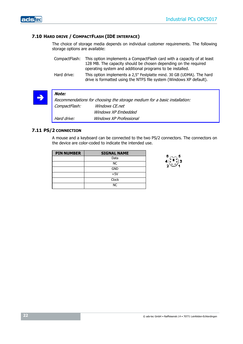 10 hard drive / compactflash (ide interface), 11 ps/2 connection, Indu | Strial pcs opc5017 | ADS-TEC OPC5017 User Manual | Page 22 / 26