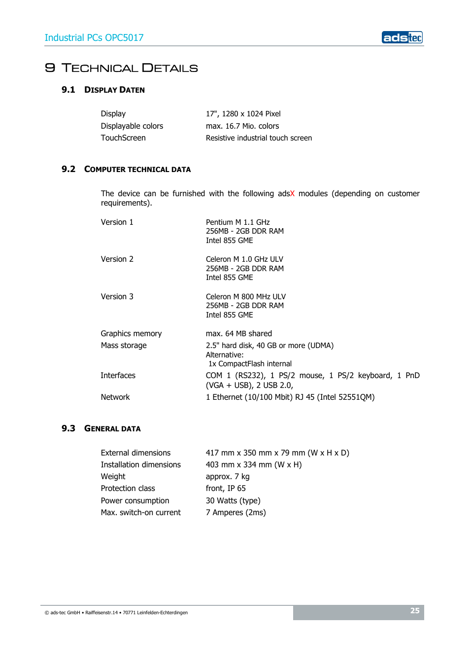 9 technical details, 1 display daten, 2 computer technical data | 3 general data, Echnical, Etails | ADS-TEC OPC5017 User Manual | Page 25 / 26