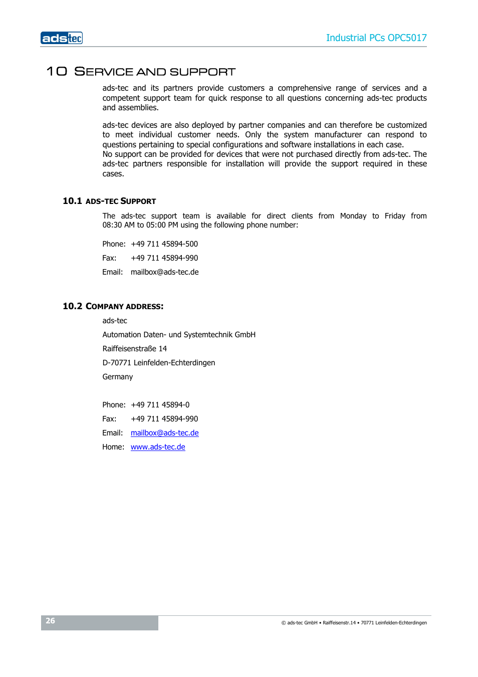10 service and support, 1 ads-tec support, 2 company address | 10 s, Ervice and support | ADS-TEC OPC5017 User Manual | Page 26 / 26