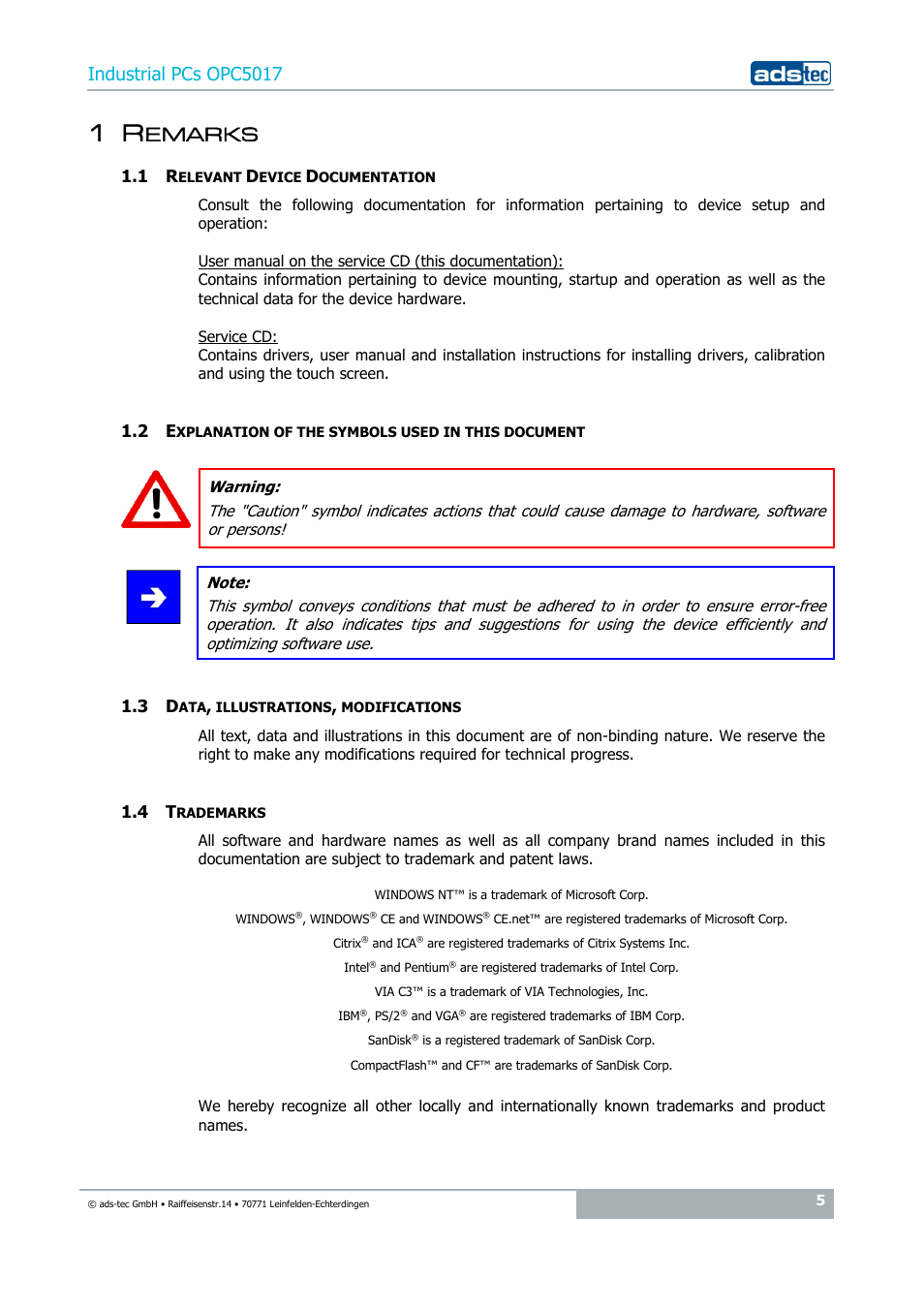 1 remarks, 1 relevant device documentation, 2 explanation of the symbols used in this document | 3 data, illustrations, modifications, 4 trademarks, Emarks, Industrial pcs opc5017 | ADS-TEC OPC5017 User Manual | Page 5 / 26