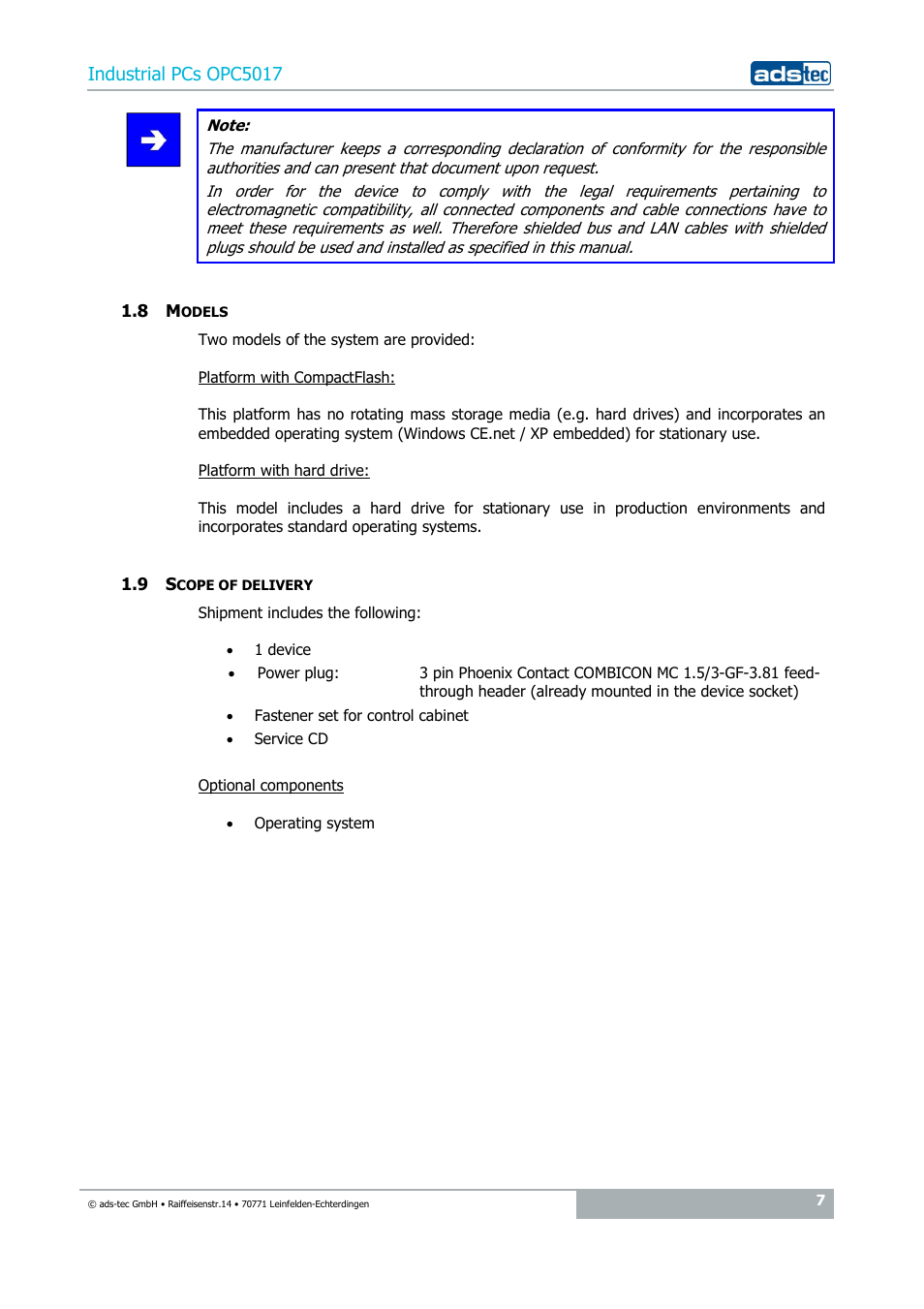 8 models, 9 scope of delivery, Industrial pcs opc5017 | ADS-TEC OPC5017 User Manual | Page 7 / 26