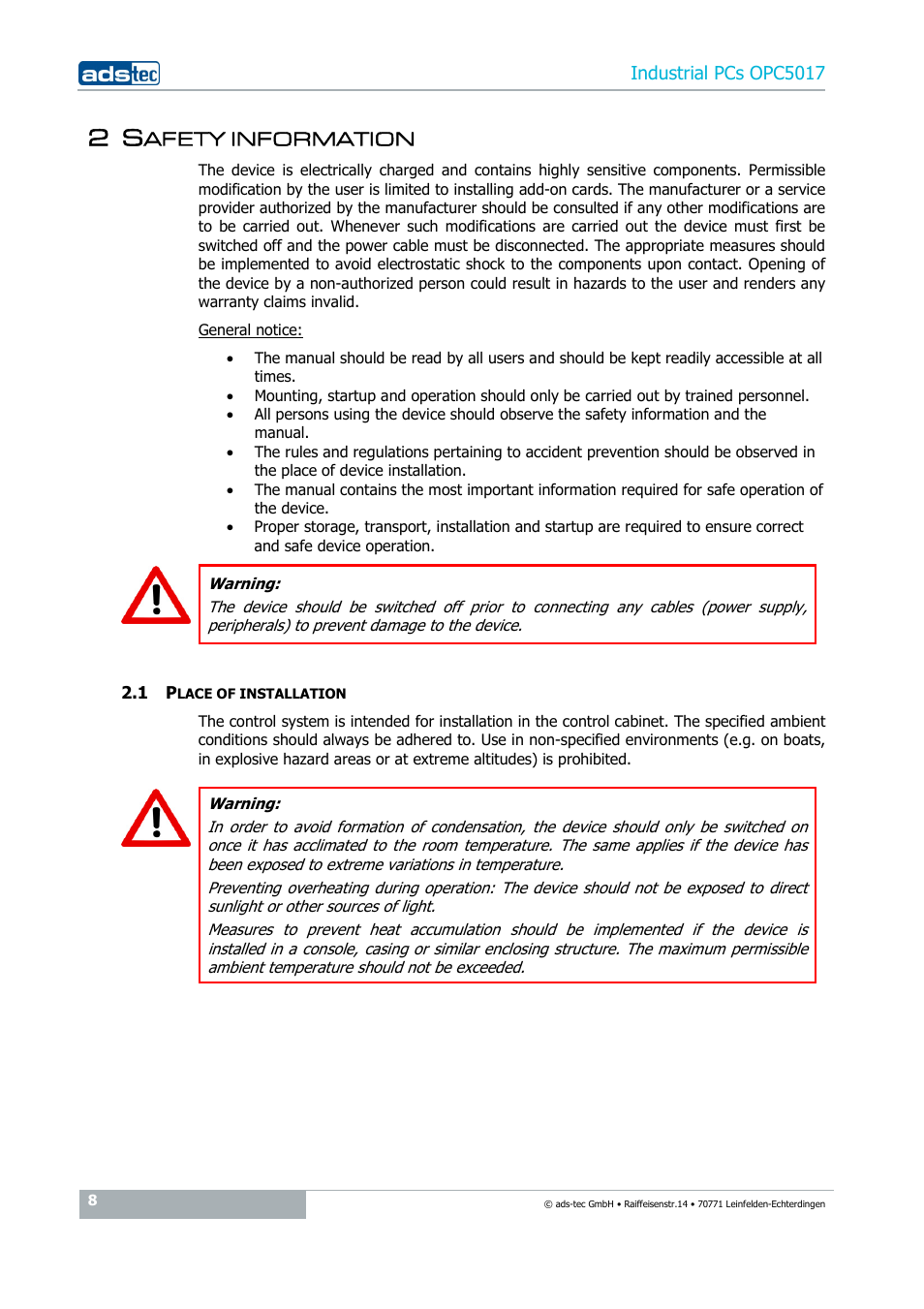 2 safety information, 1 place of installation, Afety information | ADS-TEC OPC5017 User Manual | Page 8 / 26