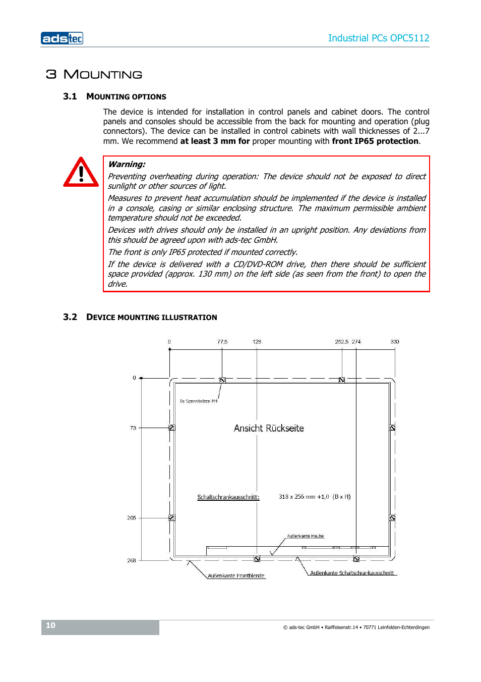 3 mounting, 1 mounting options, 2 device mounting illustration | ADS-TEC OPC5112 User Manual | Page 10 / 27