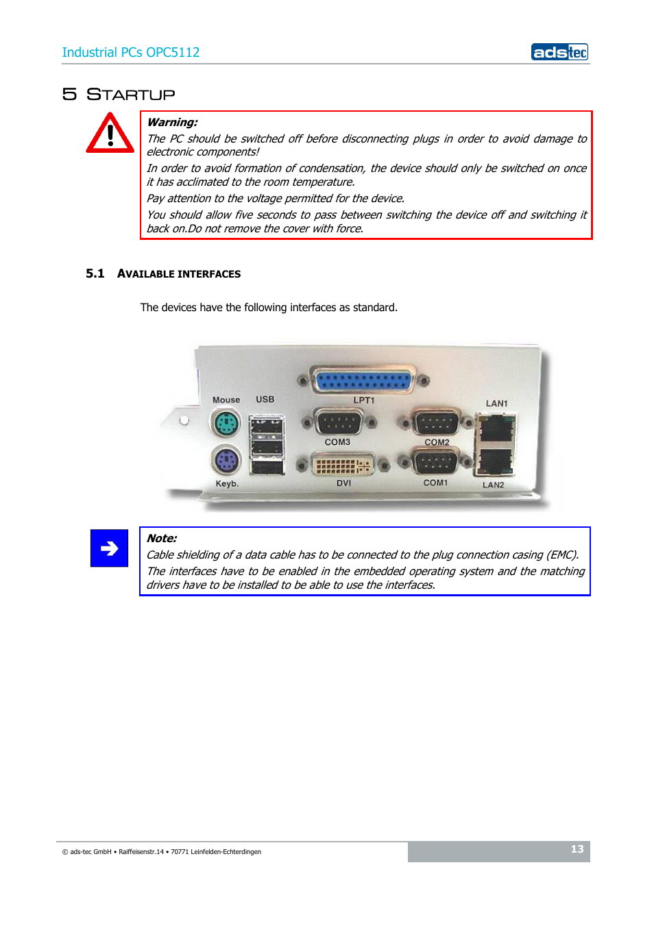 5 startup, 1 available interfaces | ADS-TEC OPC5112 User Manual | Page 13 / 27