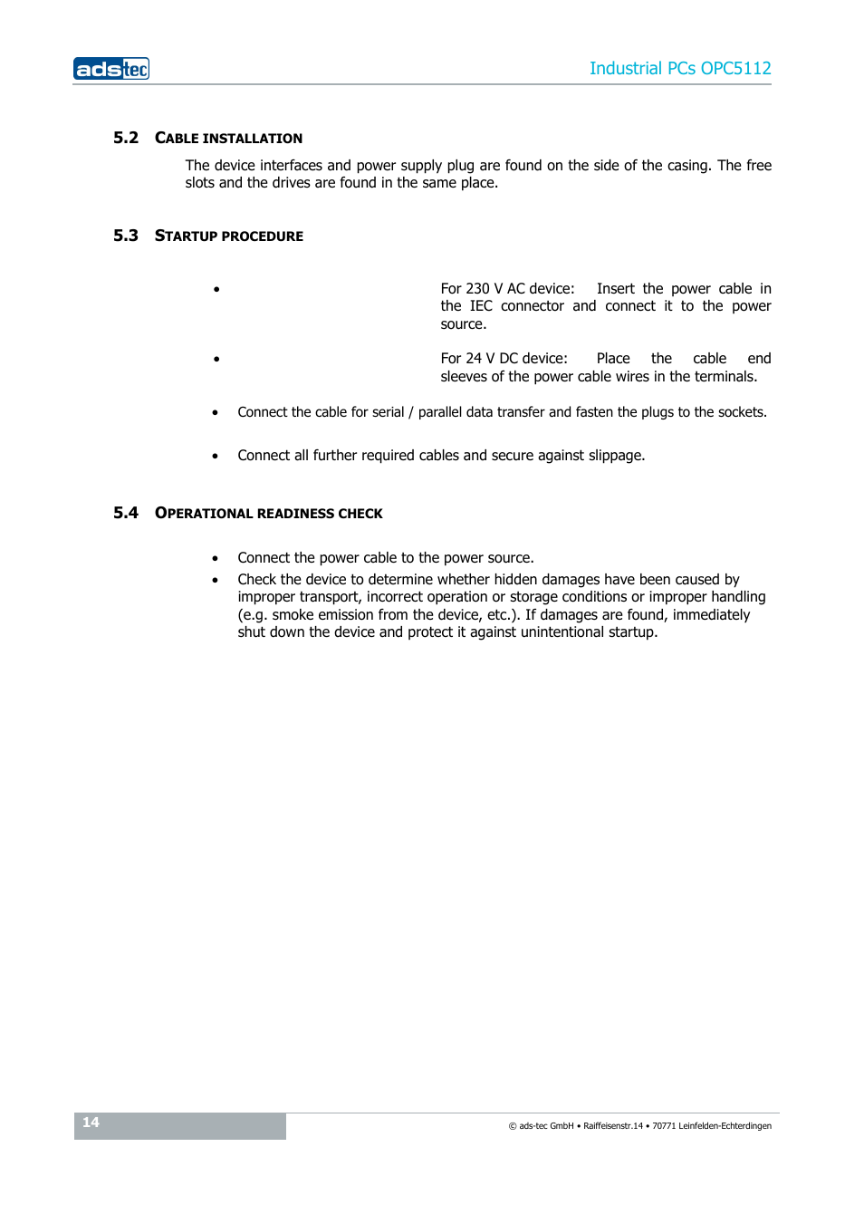 2 cable installation, 3 startup procedure, 4 operational readiness check | Industrial pcs opc5112 | ADS-TEC OPC5112 User Manual | Page 14 / 27