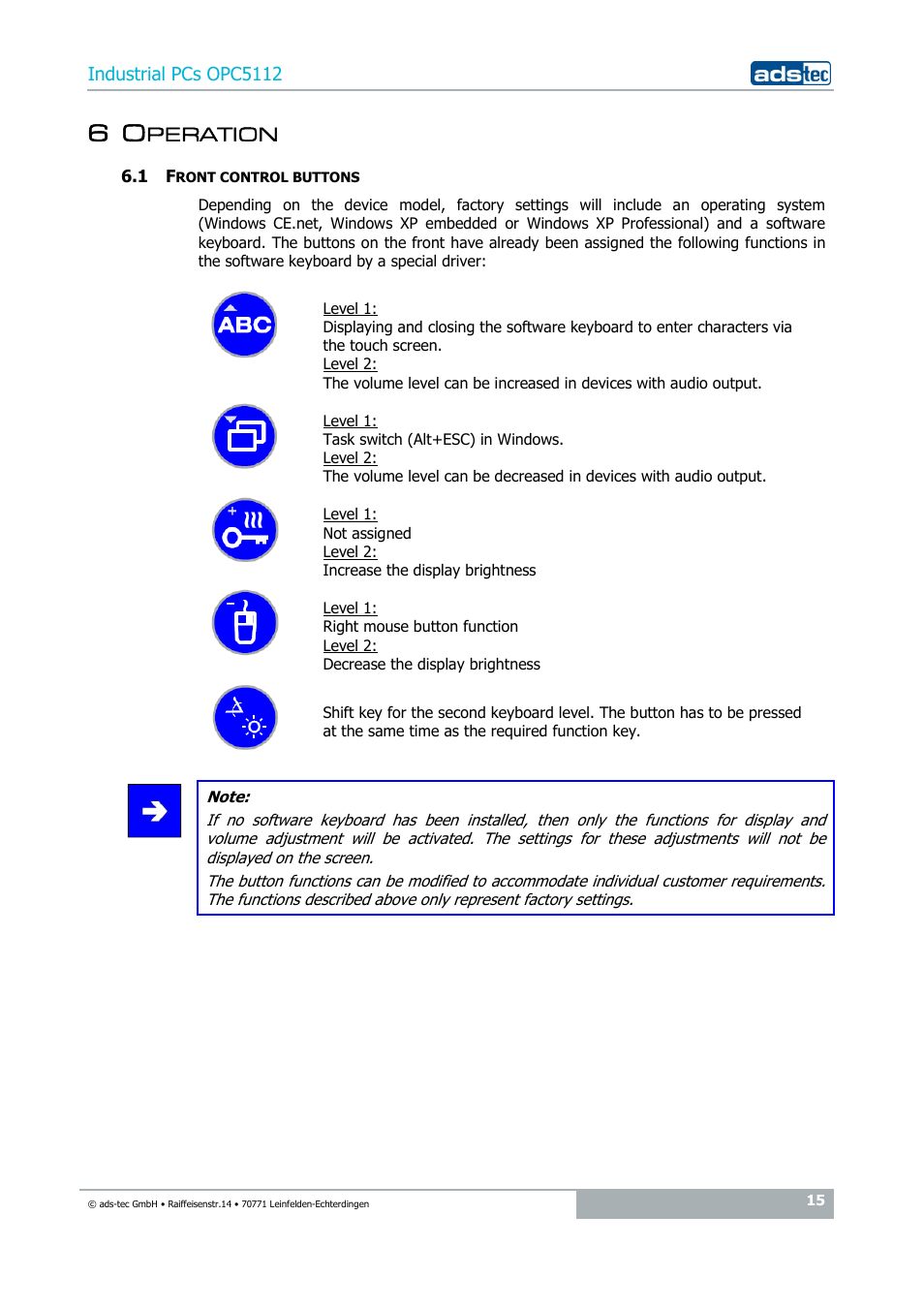 6 operation, 1 front control buttons, Peration | ADS-TEC OPC5112 User Manual | Page 15 / 27