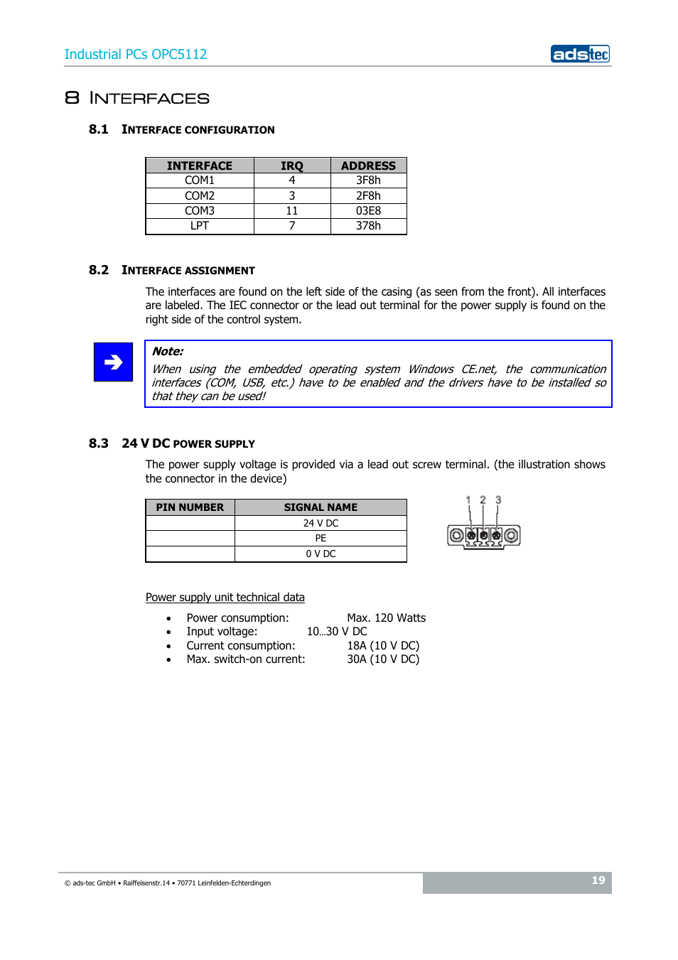 8 interfaces, 1 interface configuration, 2 interface assignment | 3 24 v dc power supply, Nterfaces | ADS-TEC OPC5112 User Manual | Page 19 / 27