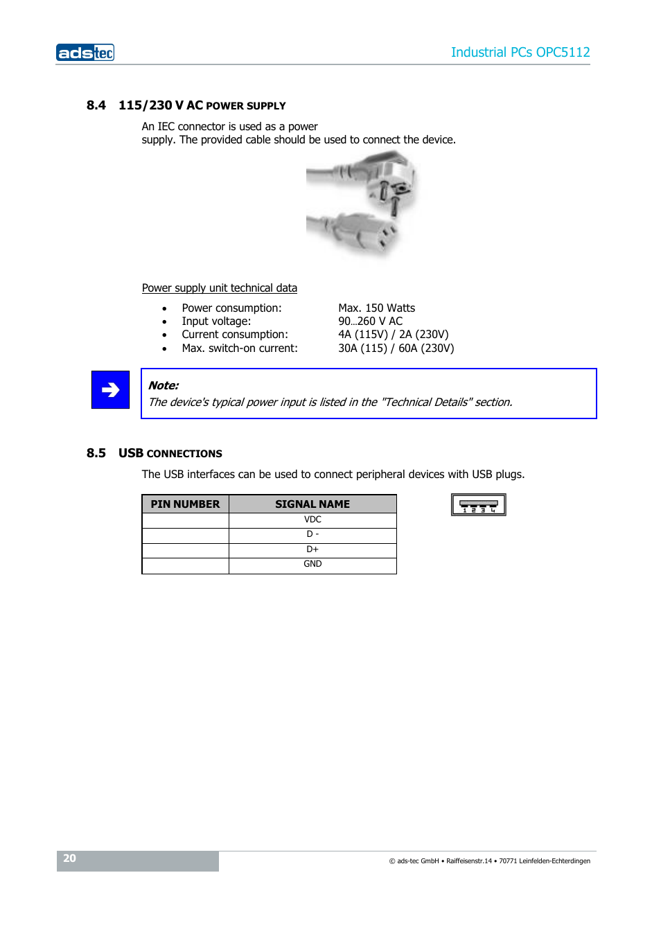 4 115/230 v ac power supply, 5 usb connections, Indu | Strial pcs opc5112 | ADS-TEC OPC5112 User Manual | Page 20 / 27