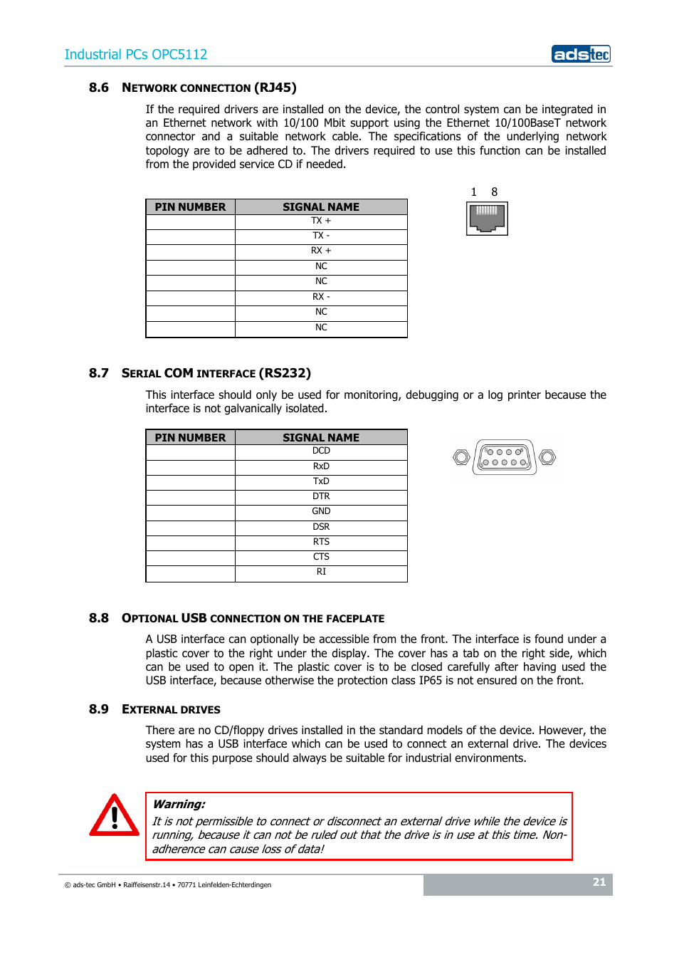 6 network connection (rj45), 7 serial com interface (rs232), 8 optional usb connection on the faceplate | 9 external drives, Industrial pcs opc5112 | ADS-TEC OPC5112 User Manual | Page 21 / 27