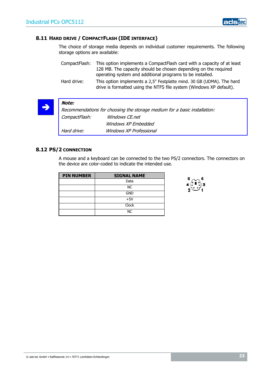 11 hard drive / compactflash (ide interface), 12 ps/2 connection, Industrial pcs opc5112 | ADS-TEC OPC5112 User Manual | Page 23 / 27