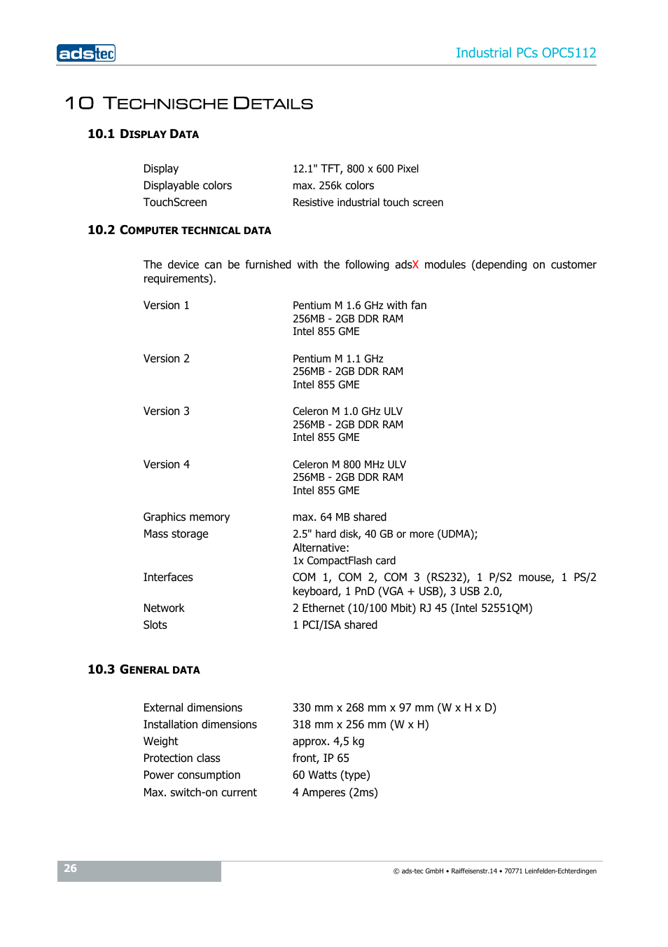 10 technische details, 1 display data, 2 computer technical data | 3 general data, 10 t, Echnische, Etails | ADS-TEC OPC5112 User Manual | Page 26 / 27