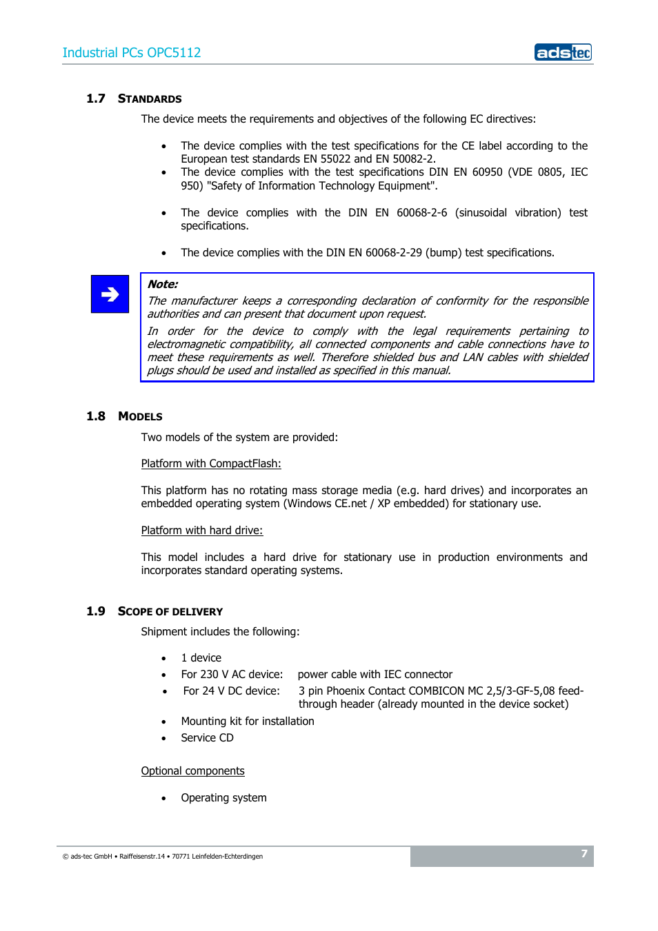 7 standards, 8 models, 9 scope of delivery | Industrial pcs opc5112 | ADS-TEC OPC5112 User Manual | Page 7 / 27