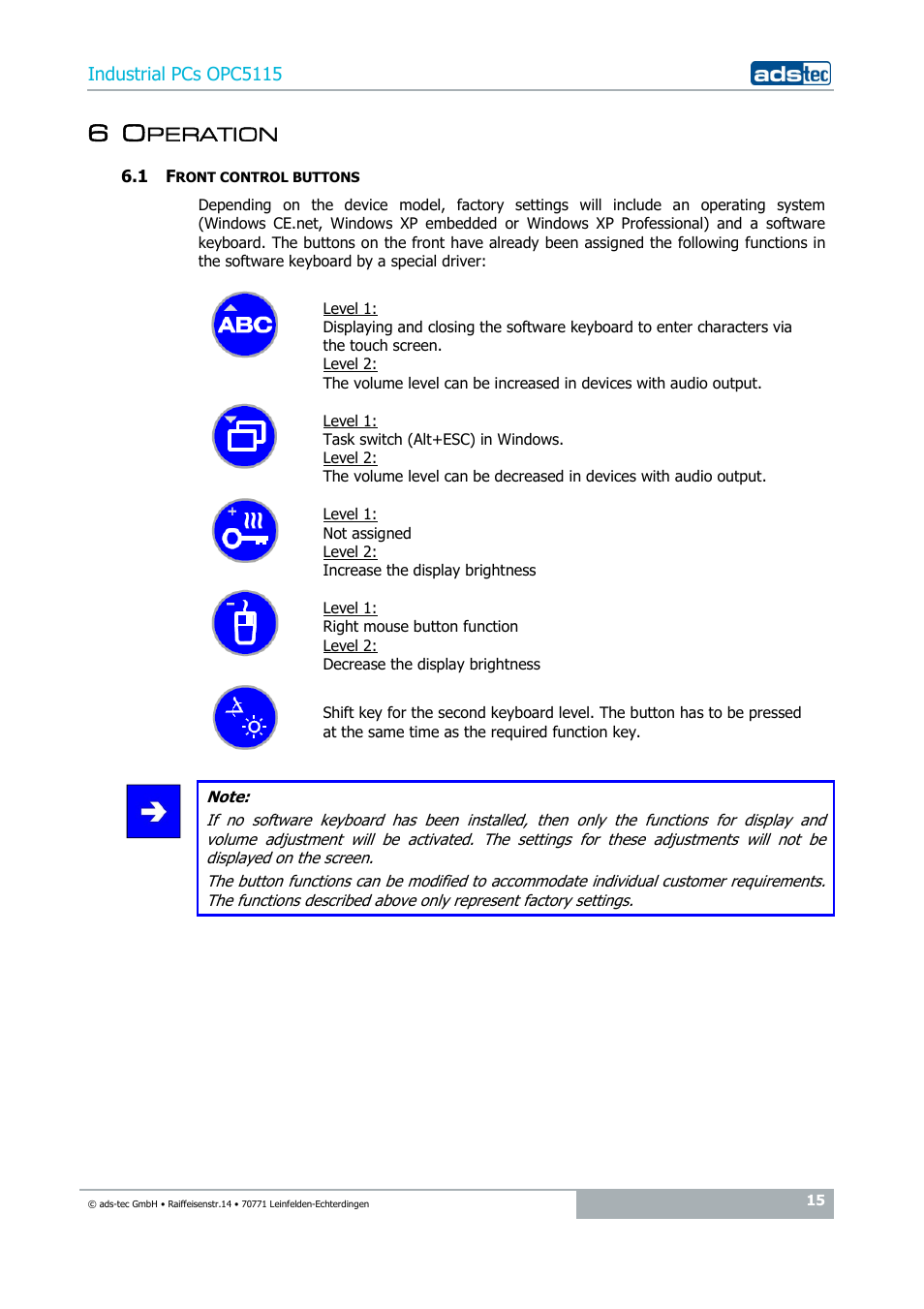 6 operation, 1 front control buttons, Peration | ADS-TEC OPC5115 User Manual | Page 15 / 28