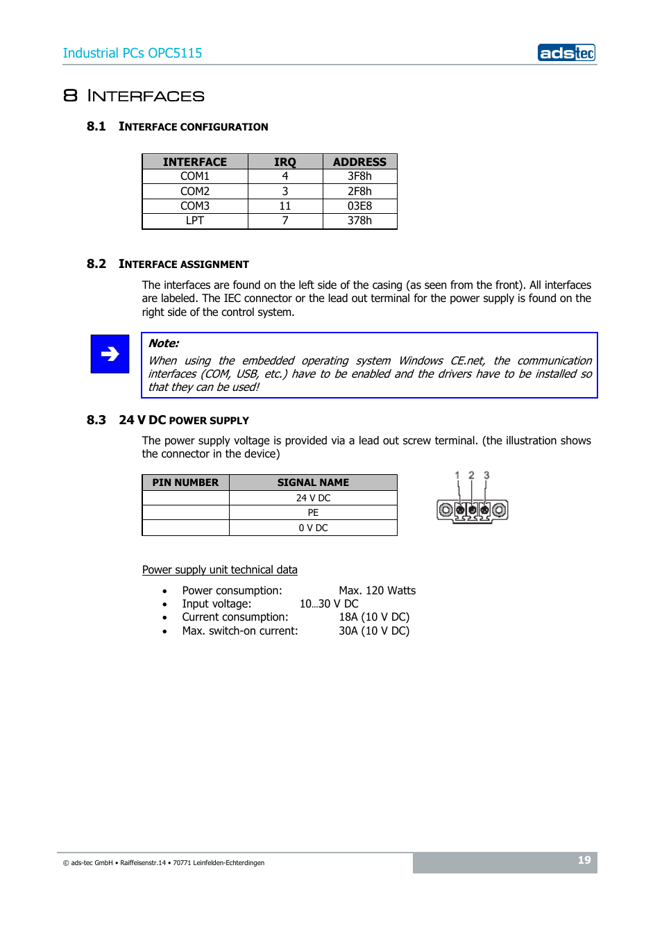 8 interfaces, 1 interface configuration, 2 interface assignment | 3 24 v dc power supply, Nterfaces | ADS-TEC OPC5115 User Manual | Page 19 / 28