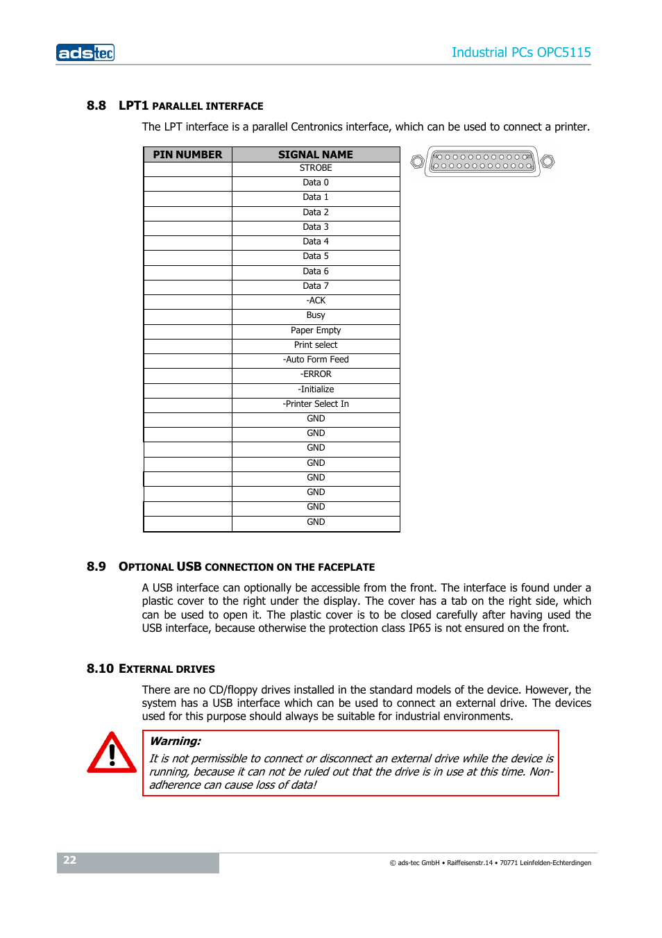 8 lpt1 parallel interface, 9 optional usb connection on the faceplate, 10 external drives | Industrial pcs opc5115 | ADS-TEC OPC5115 User Manual | Page 22 / 28