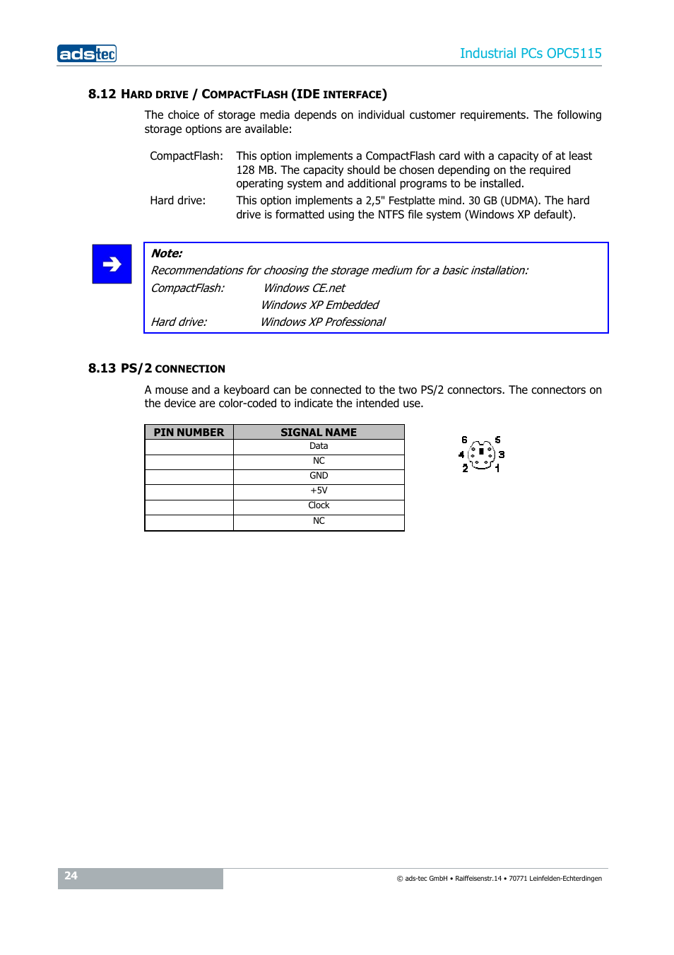 12 hard drive / compactflash (ide interface), 13 ps/2 connection, Indu | Strial pcs opc5115 | ADS-TEC OPC5115 User Manual | Page 24 / 28