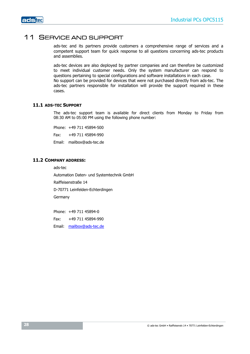 11 service and support, 1 ads-tec support, 2 company address | 11 s, Ervice and support | ADS-TEC OPC5115 User Manual | Page 28 / 28