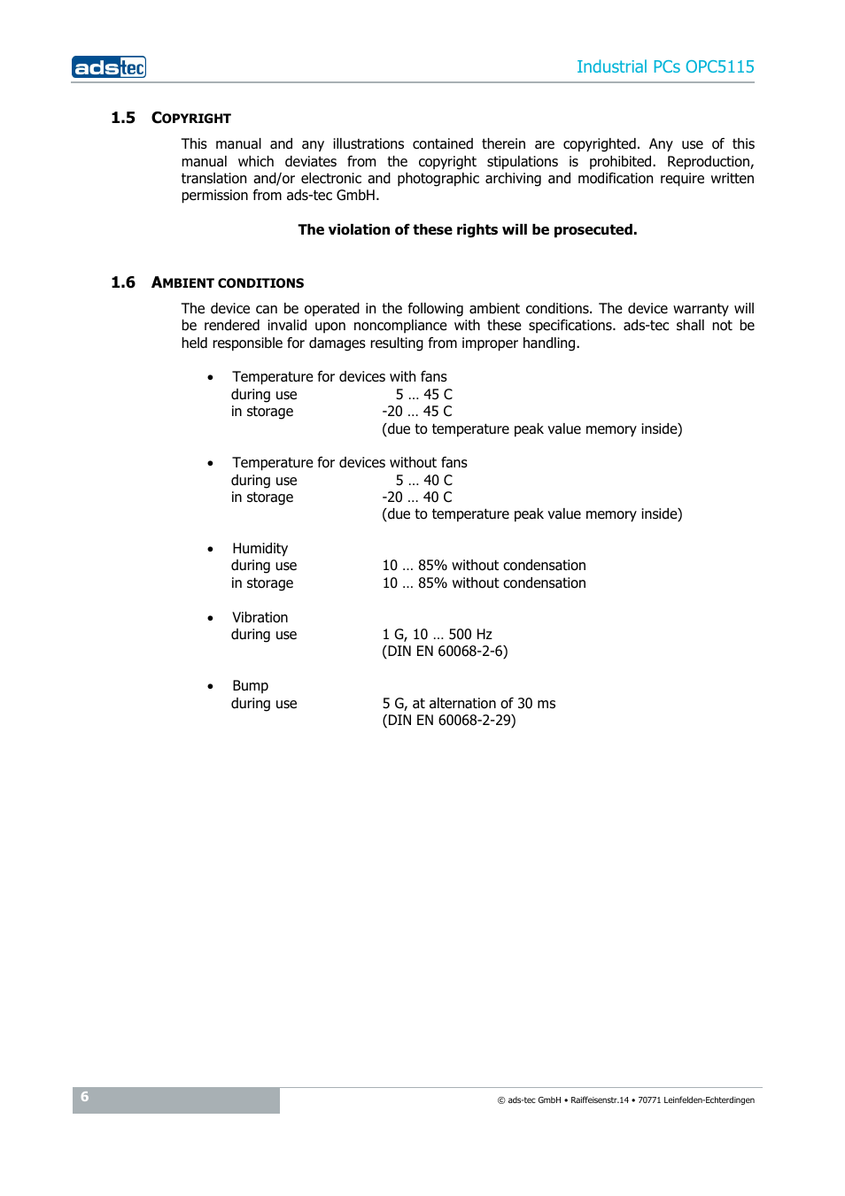 5 copyright, 6 ambient conditions, Industrial pcs opc5115 | ADS-TEC OPC5115 User Manual | Page 6 / 28