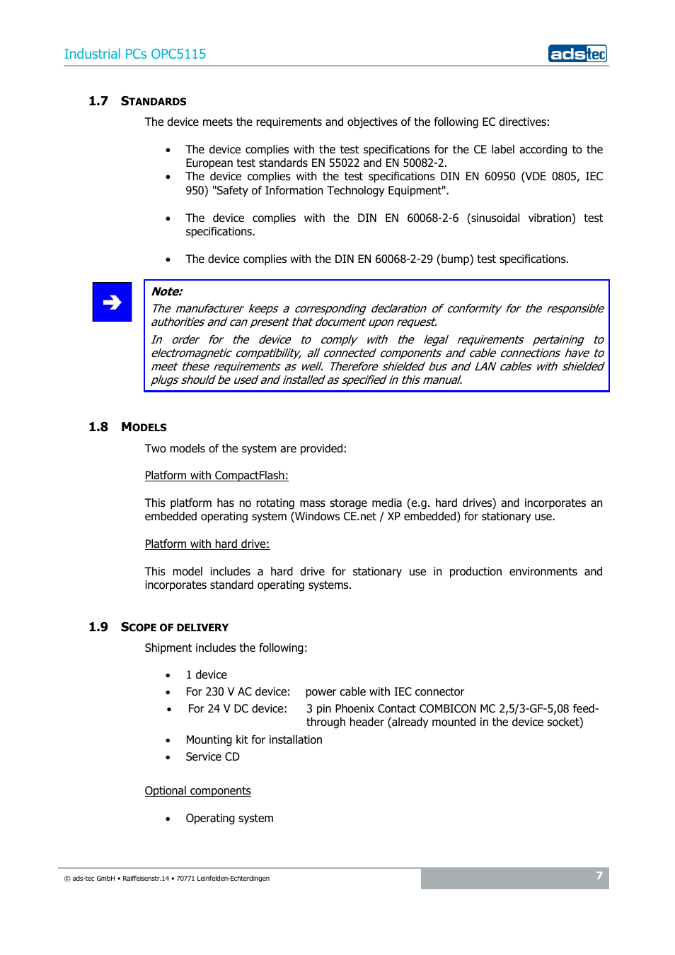 7 standards, 8 models, 9 scope of delivery | Industrial pcs opc5115 | ADS-TEC OPC5115 User Manual | Page 7 / 28
