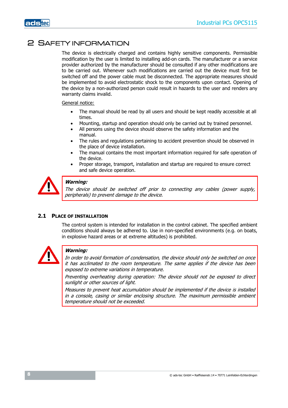 2 safety information, 1 place of installation, Afety information | ADS-TEC OPC5115 User Manual | Page 8 / 28