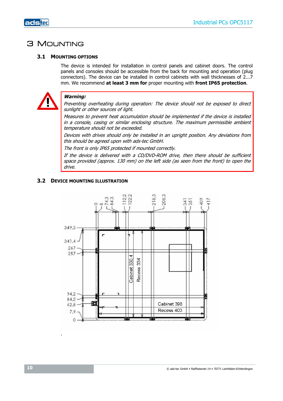 3 mounting, 1 mounting options, 2 device mounting illustration | ADS-TEC OPC5117 User Manual | Page 10 / 28